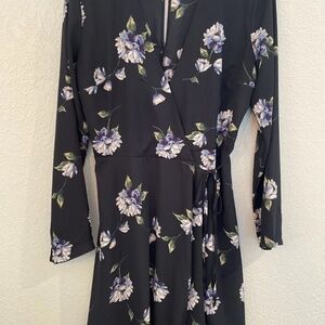 LUSH Long Sleeve Black Floral Wrap Dress Size Medium EUC